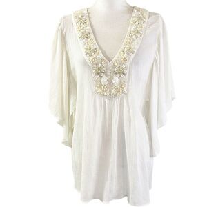 Calypso St Barth Womens Blouse Size Small Oversized Beading Sequins Beachy Gauzy